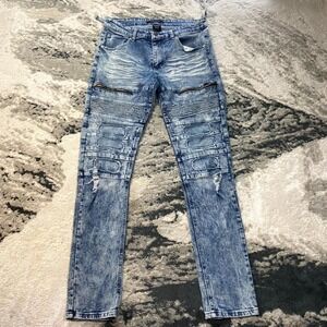 Y2K M Society Jeans Mens 34x34 Blue Whiskered Denim Skinny Leg Distressed